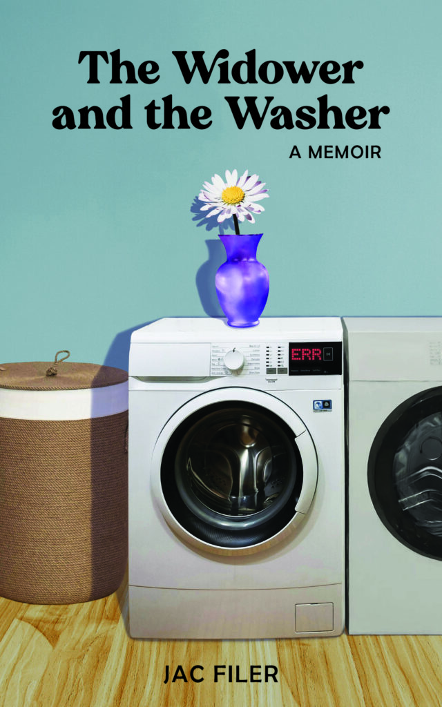 The cover of The Widower and the Washer, showing a single daisy in a purple vase sitting on top of a washing machine.