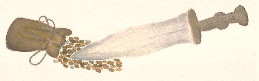 Painting of a spilled coin purse overlaid with a dagger