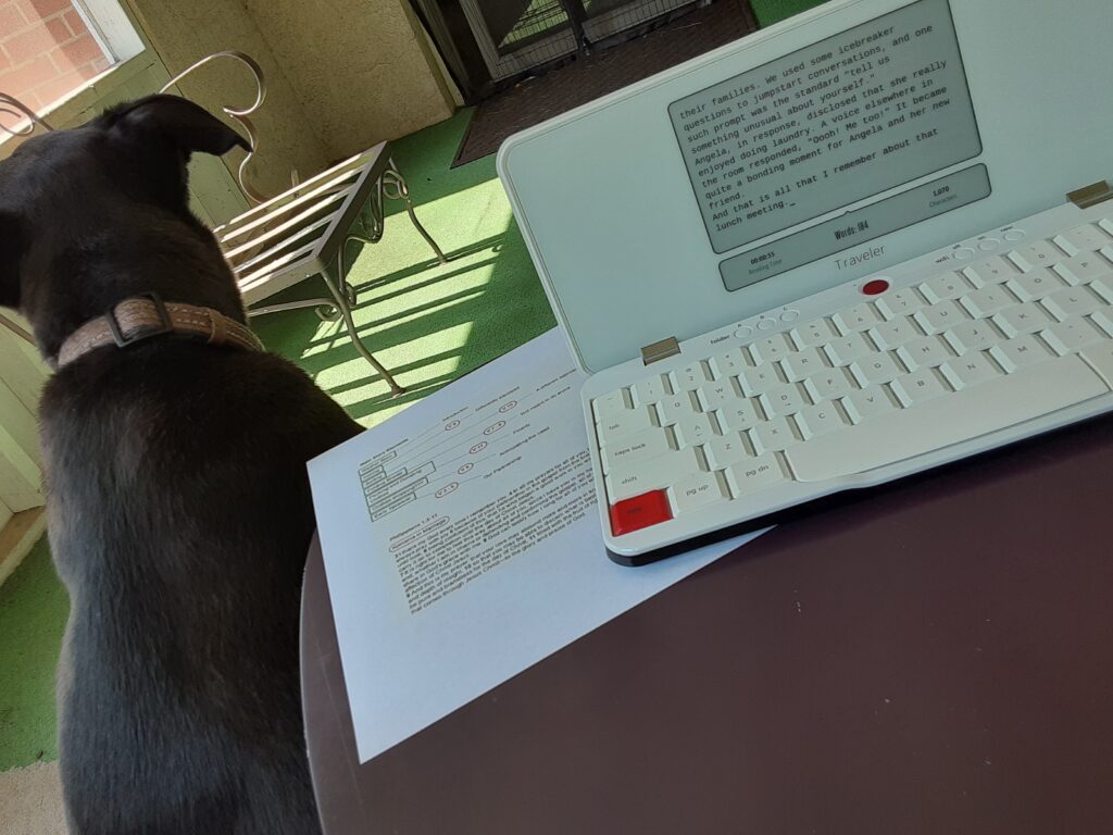 A photo of my typewriter, notes, and dog, from my perspective in the writing chair.